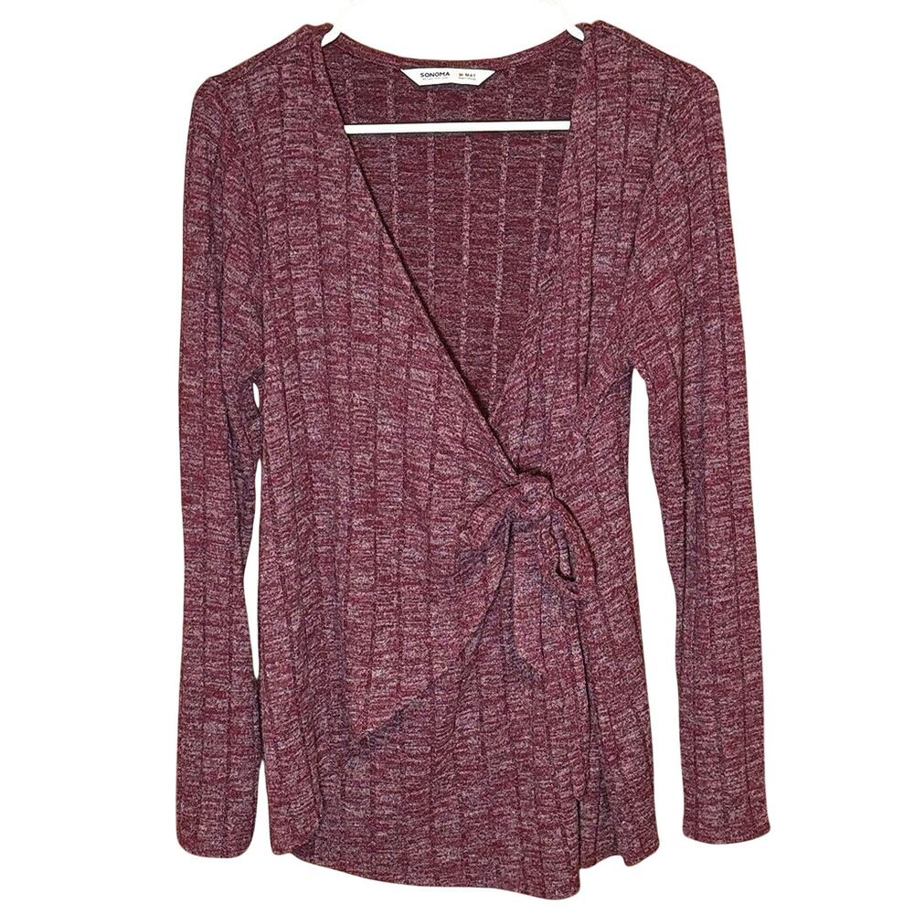 Sonoma Maternity Wrap Top Burgundy Rib Knit Long Sleeve Blouse Medium